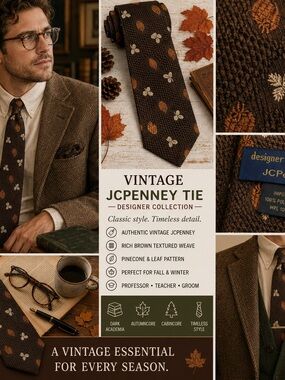 Vintage JCPenney Brown Necktie Pinecone Leaf Novelty Tie Fall Autumn Professor